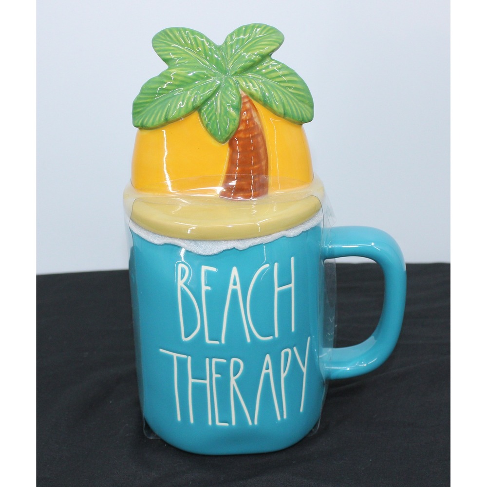 Rae Dunn Beach Therapy Mug with Palm Tree Lid Ceramic Turquoise White